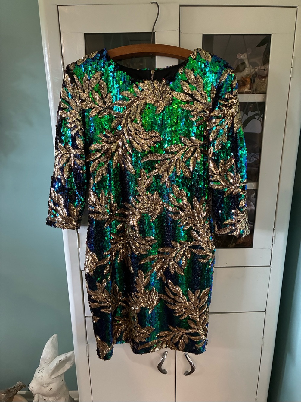 Missi London sz 10 Green & Blue Sequin Party Dress with Gold Leaf Accents nwt